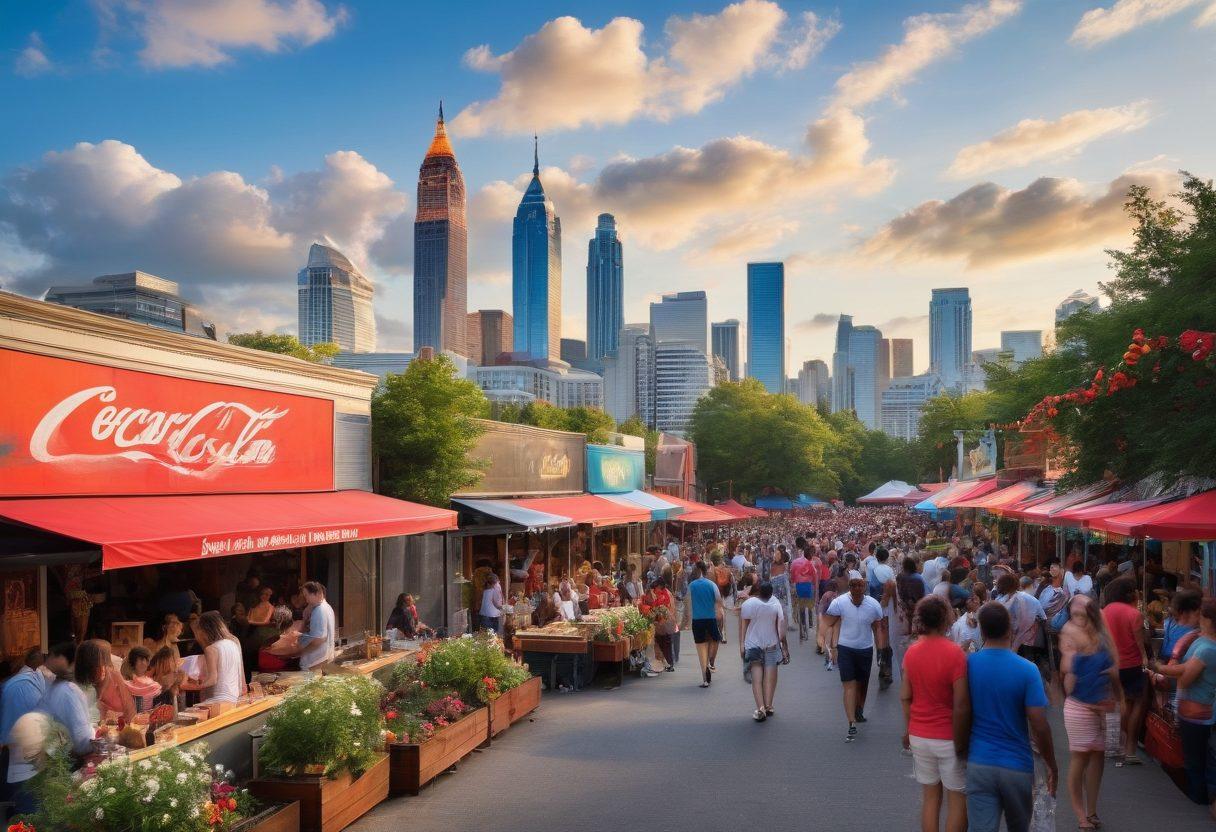 A vibrant cityscape of Atlanta featuring the iconic skyline with the Coca-Cola and Bank of America buildings. Include a diverse group of people engaging in community events like street festivals, outdoor concerts, and farmers' markets. Incorporate lush green parks with colorful flowers and food trucks. The sky is bright blue with fluffy white clouds to evoke a sense of excitement and energy. super-realistic. vibrant colors. bustling atmosphere.