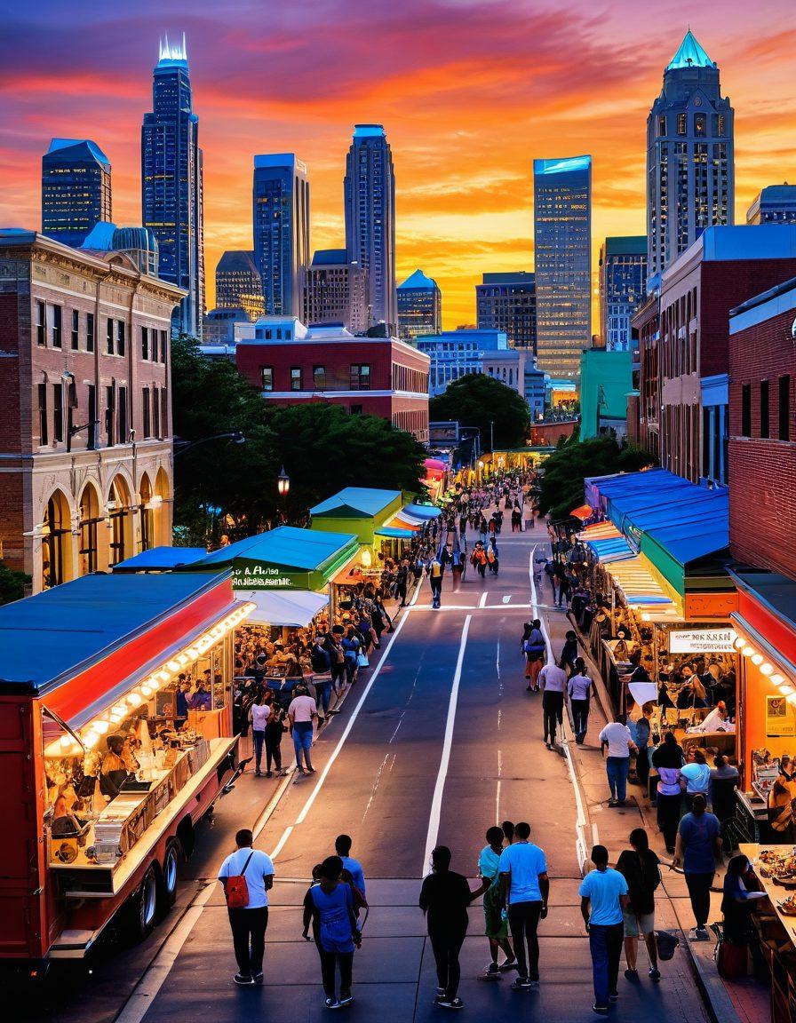 A vibrant cityscape of Atlanta at sunset showcasing the iconic skyline, with a lively street scene filled with diverse people enjoying events and activities. Include elements such as food trucks, musicians, and community art displays to capture the essence of local culture and events. Infuse a warm glow to highlight the heartbeat of the city. super-realistic. vibrant colors. 3D.