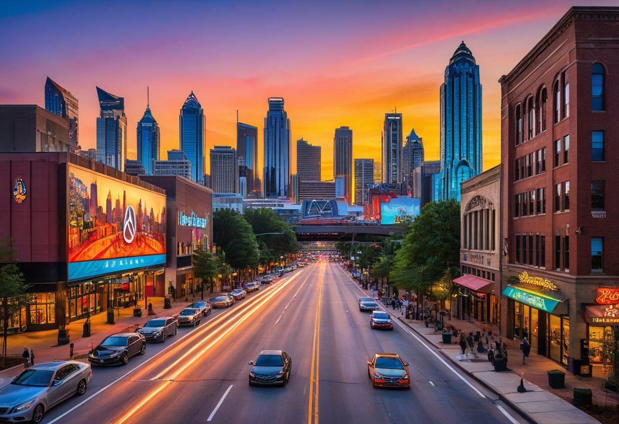 An enchanting skyline of Atlanta at sunset, showcasing iconic landmarks like the Mercedes-Benz Stadium and the Fox Theatre, framed by colorful street art and lush city parks. People immersed in local culture, enjoying music and food at vibrant street vendors. The atmosphere radiates energy and diversity. super-realistic. vibrant colors. 3D.